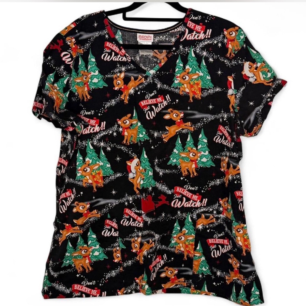 Christmas Rudolph red nose reindeer scrub top XL